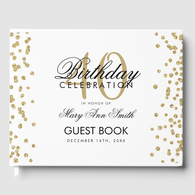 Gold 40th Birthday Party Confetti White Guest Book (Front)