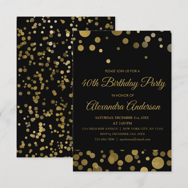 Gold 40th Birthday Party Gold Confetti Invitation (Front/Back)