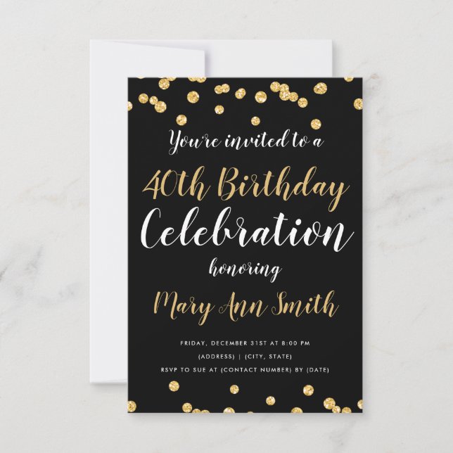 Gold 40th Birthday Party Type Glitter Black Invitation (Front)