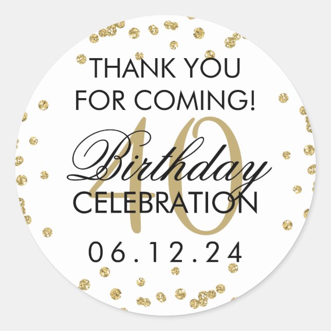 Gold 40th Birthday Thank You Glitter Confetti Classic Round Sticker (Front)