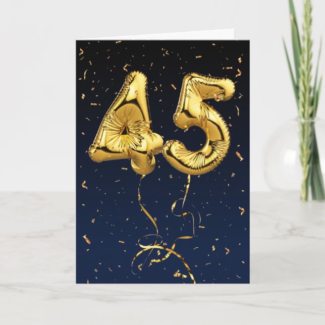 Gold 45 Mylar Birthday Balloons and Confetti Card (Front)