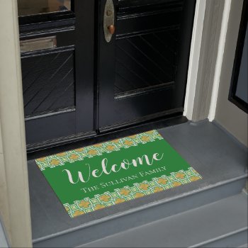 Gold 4-leaf Clover Green Watercolor Block Pattern Doormat by PandaCatGallery at Zazzle