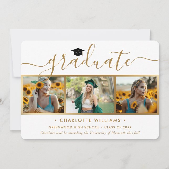 Gold 4 Photo Collage Script Graduation Announcement (Front)