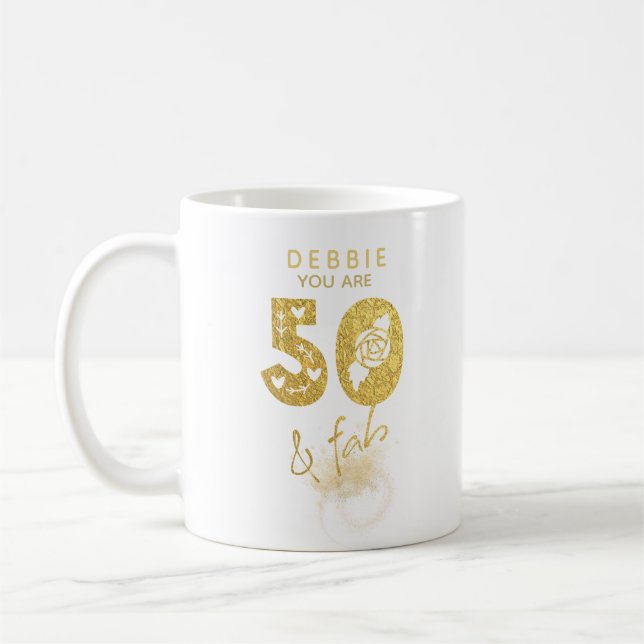 Gold 50 and Fab Personalized Coffee Mug (Left)