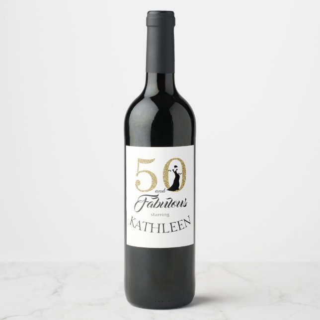 Gold 50 and Fabulous Birthday Party Custom Name Wine Label (Front)
