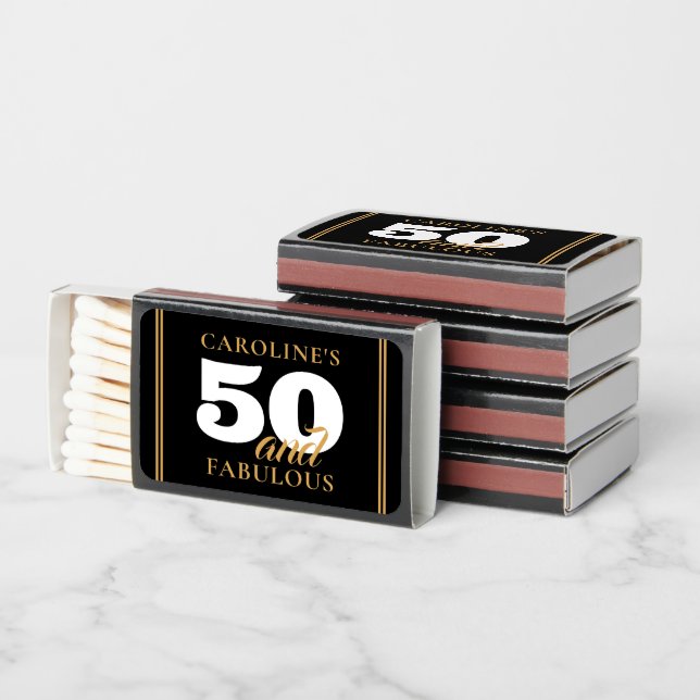 Gold 50 Black Stylish Fiftieth Birthday Matchboxes (Stacked)