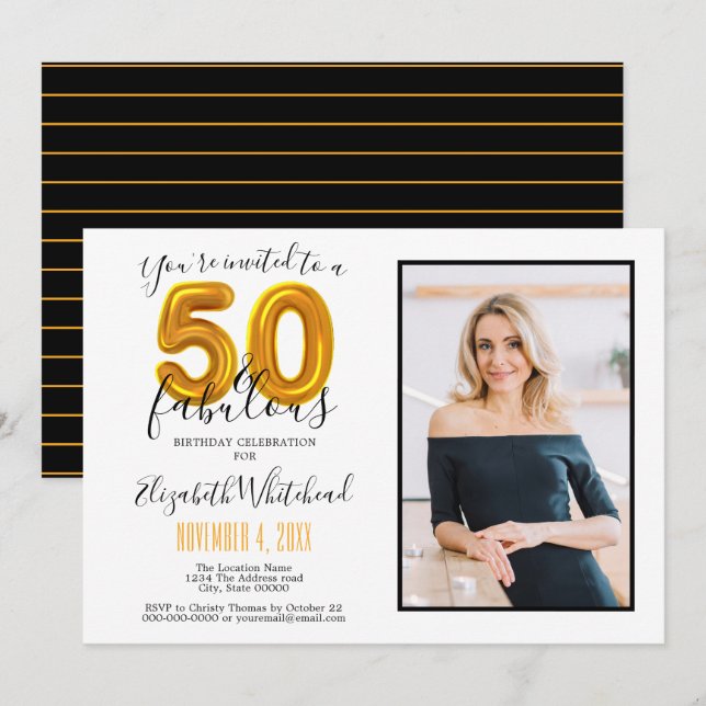 Gold 50 & Fabulous 50th Birthday Photo Invitation (Front/Back)