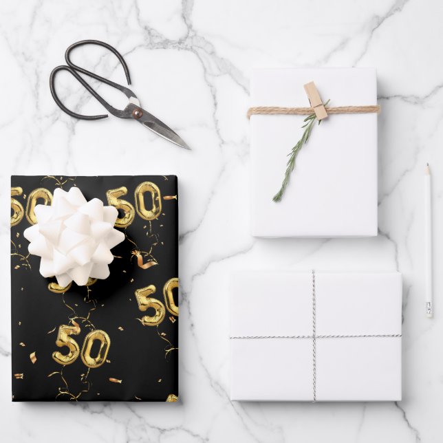 Gold 50 Mylar Balloons and Confetti Wrapping Paper Sheets (Front)