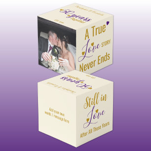 Gold 50 years anniversary purple photo cube