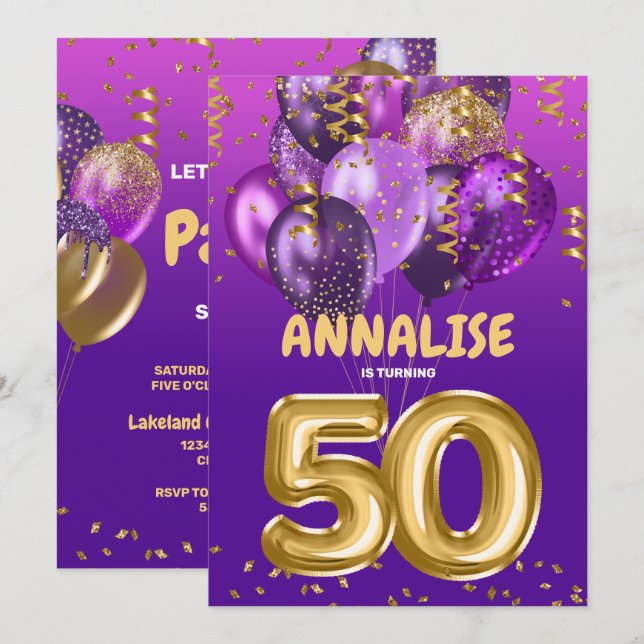 Gold 50 Years Old Confetti Purple 50th Birthday Invitation (Front/Back)