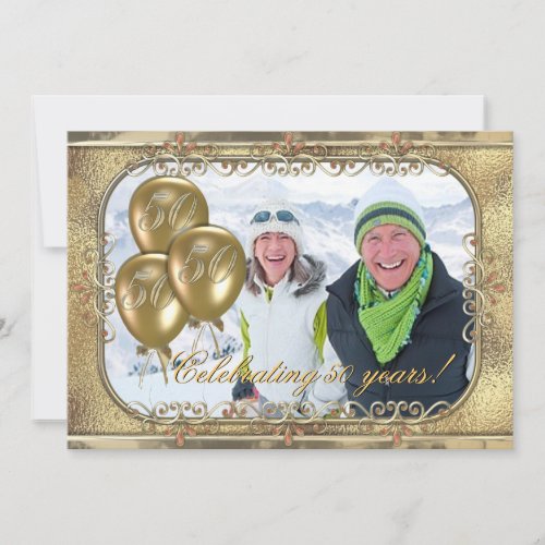 Gold 50th Anniversary Balloon Photo Invitation