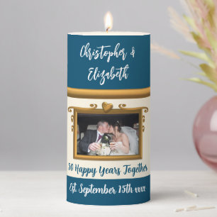Gold 50th anniversary blue cream add photo pillar candle