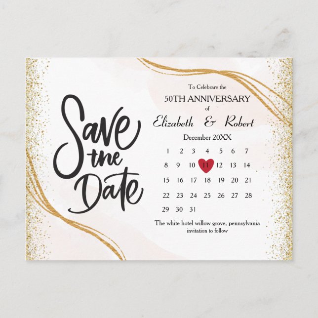 Gold 50th Anniversary Gliter The Date Calendar Announcement Postcard (Front)