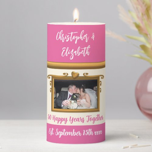 Gold 50th anniversary pink cream add photo pillar candle