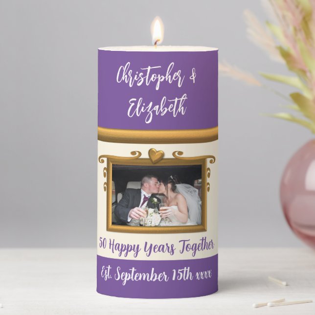 Gold 50th anniversary purple cream add photo pillar candle (In Situ)