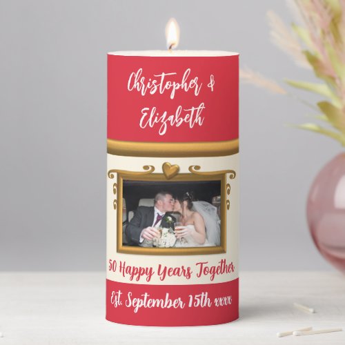 Gold 50th anniversary red cream add photo pillar candle