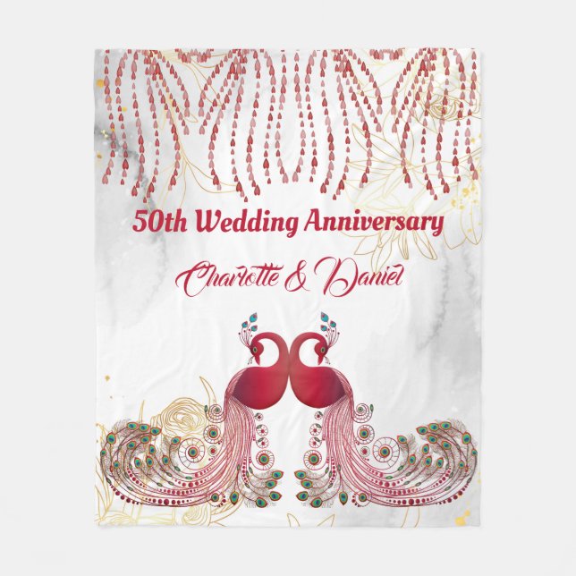 Gold 50th Anniversary Red Peacock Love Wing Heart Fleece Blanket (Front)