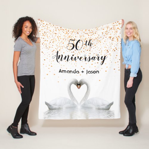 Gold 50th anniversary white swans in love fleece blanket