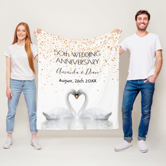 Gold 50th anniversary white swans in love fleece blanket