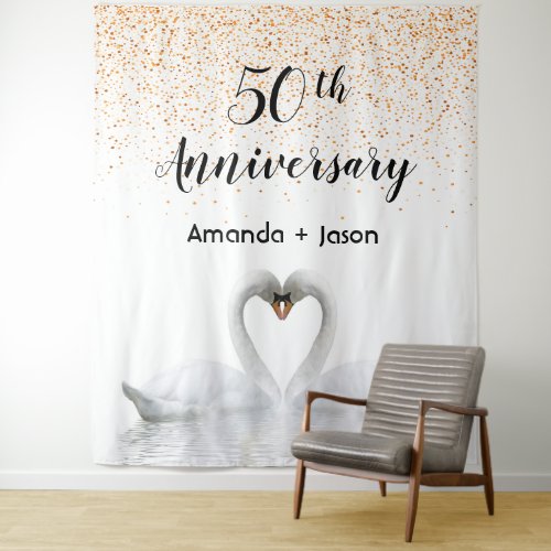 Gold 50th anniversary white swans in love tapestry