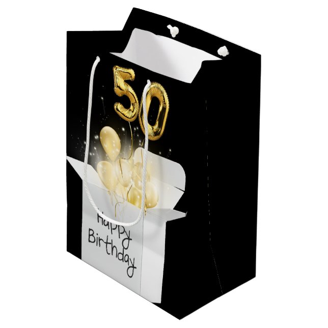 Gold 50th Birthday Balloons in Box Medium Gift Bag (Front Angled)
