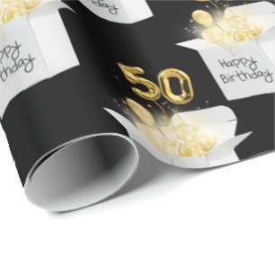 Gold 50th Birthday Balloons in Box Wrapping Paper