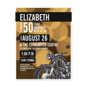 Gold 50th birthday black Modern Motorcycle Party Invitation