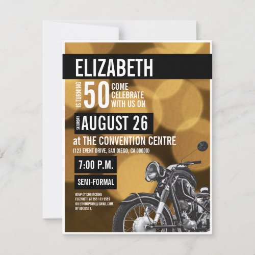 Gold 50th birthday black Modern Motorcycle Party Invitation