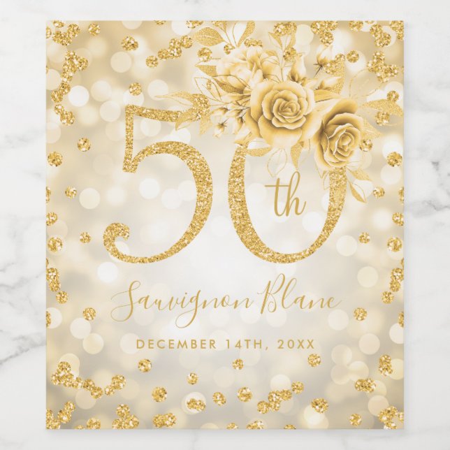 Gold 50th Birthday Floral Glam Lights  Wine Label (Single Label)
