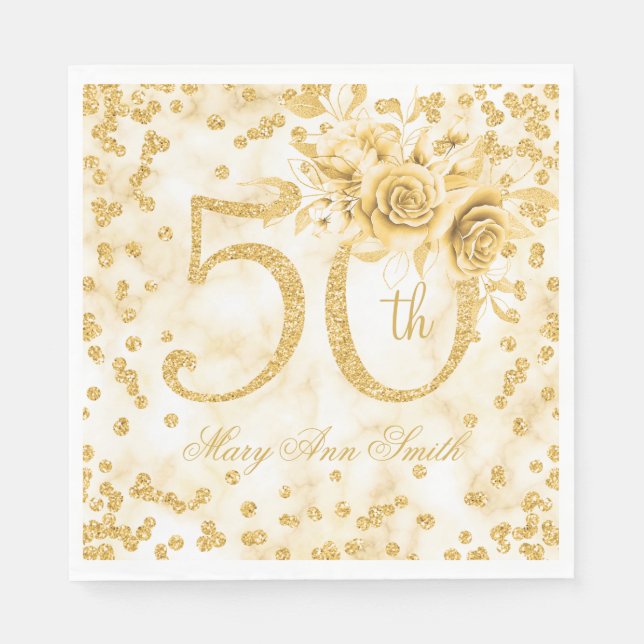 Gold 50th Birthday Floral Modern Marble  Napkins (Front)
