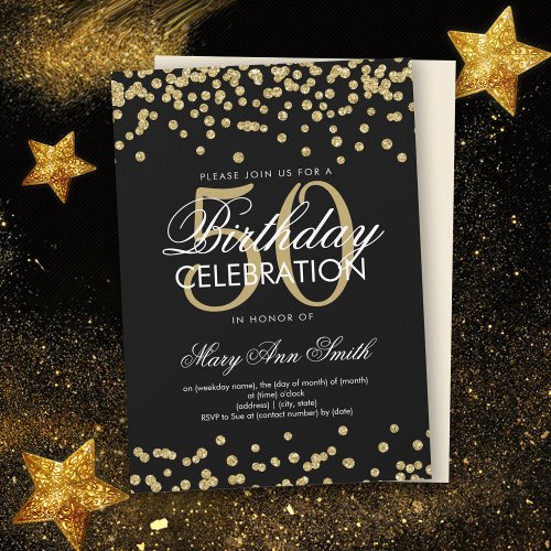 Gold 50th Birthday Glitter Confetti Black Invitation