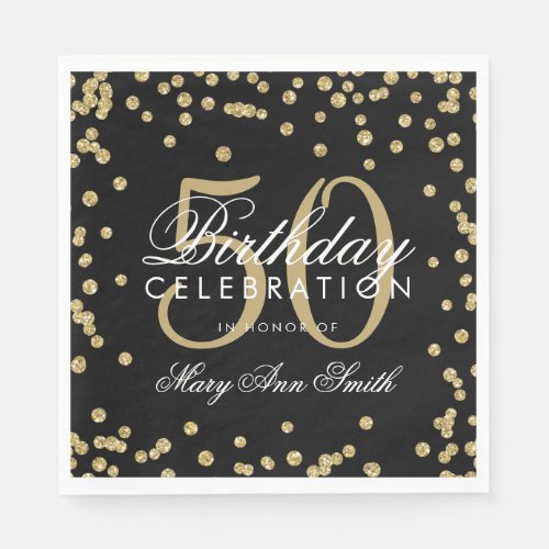 Gold 50th Birthday Glitter Confetti Black Napkins