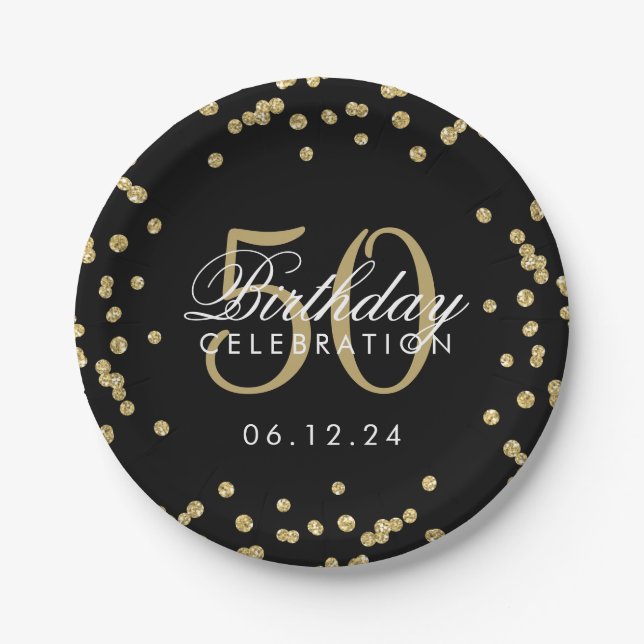 Gold 50th Birthday Glitter Confetti Black Paper Plates (Front)
