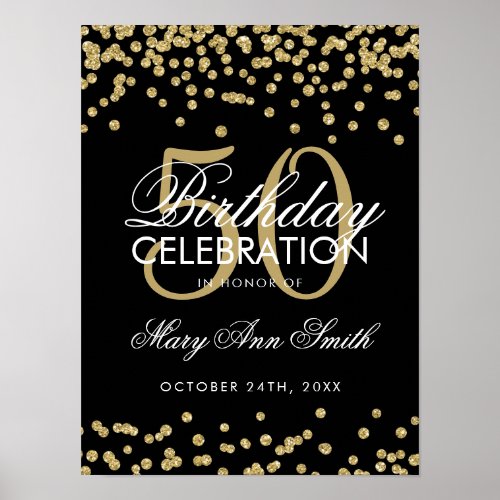Gold 50th Birthday Glitter Confetti Black Poster