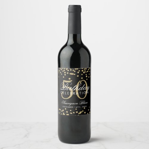 Gold 50th Birthday Glitter Confetti Black Wine Label