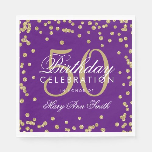 Gold 50th Birthday Glitter Confetti Purple Napkins