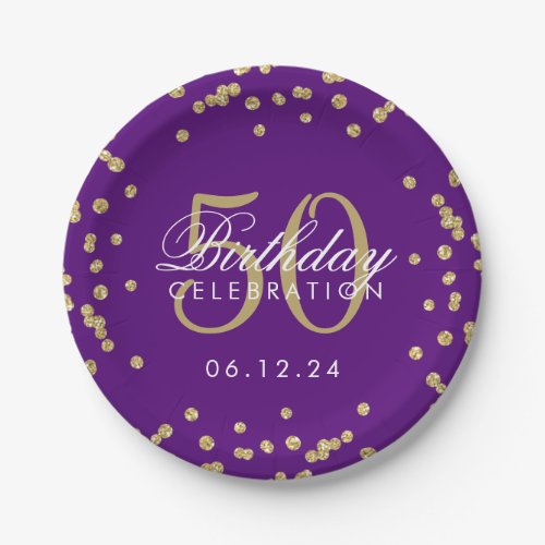 Gold 50th Birthday Glitter Confetti Purple Paper Plates