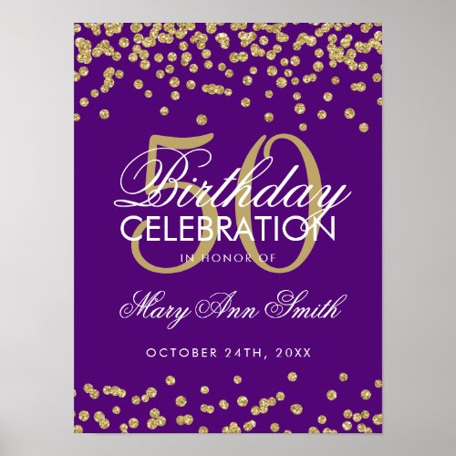 Gold 50th Birthday Glitter Confetti Purple Poster