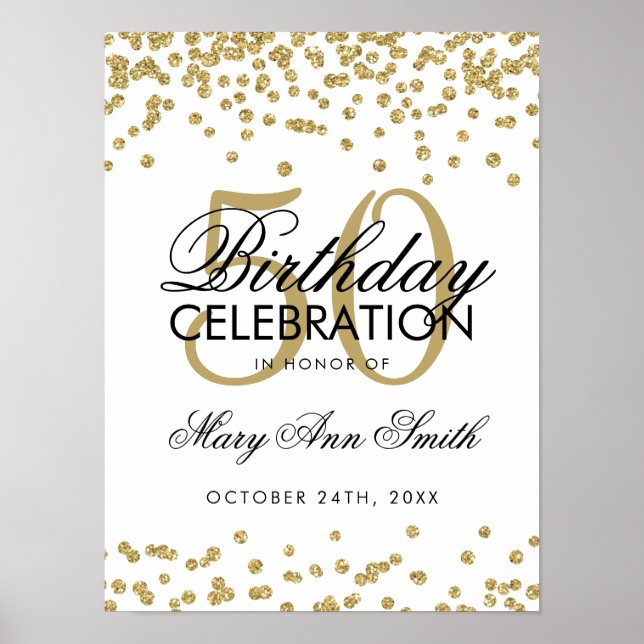 Gold 50th Birthday Glitter Confetti White Poster (Front)