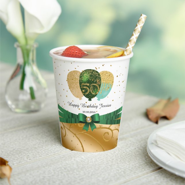 Gold 50th Birthday, Green Silk Ribbon, Balloons  Paper Cups (Insitu)