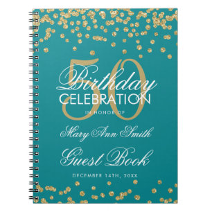 Gold 50th Birthday Guest Book Confetti Teal