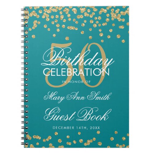 Gold 50th Birthday Guest Book Confetti Teal