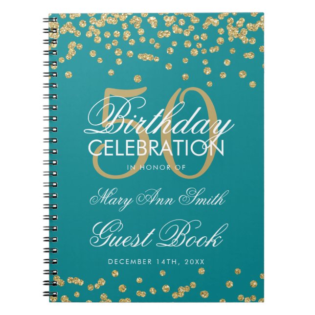 Gold 50th Birthday Guest Book Confetti Teal (Front)