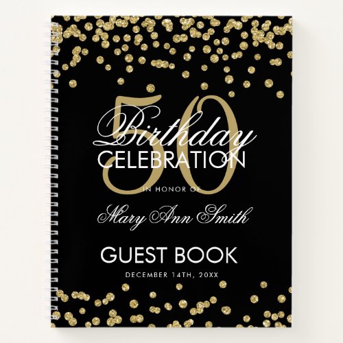 Gold 50th Birthday Guestbook Confetti Black Notebook