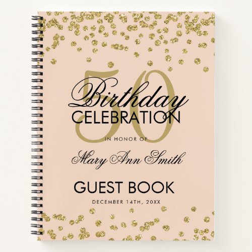 Gold 50th Birthday Guestbook Confetti Blush Pink Notebook