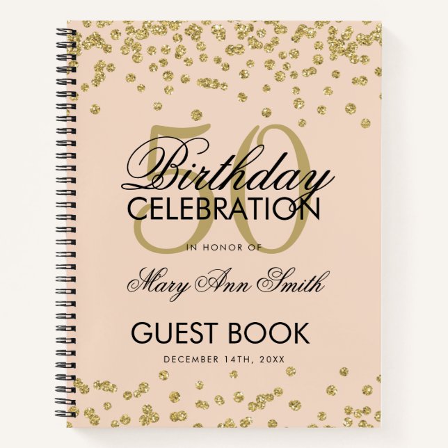 Gold 50th Birthday Guestbook Confetti Blush Pink Notebook (Front)
