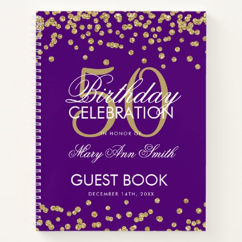 Gold 50th Birthday Guestbook Confetti Purple Notebook