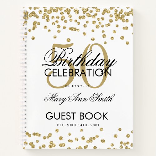 Gold 50th Birthday Guestbook Confetti White Notebook