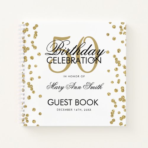 Gold 50th Birthday Guestbook Confetti White Notebook