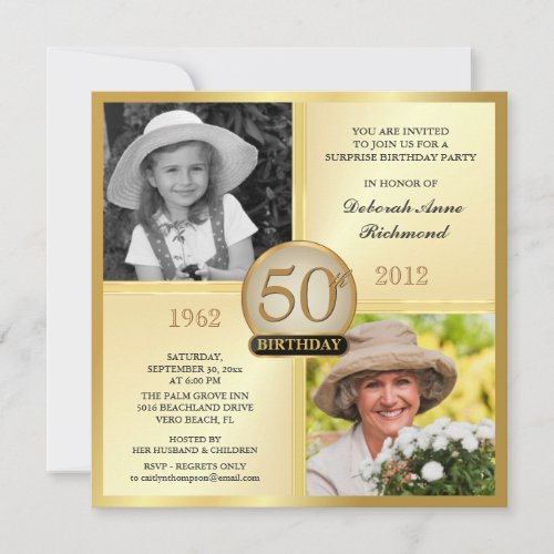 Gold 50th Birthday Invitations Then &amp; Now 2 Photos